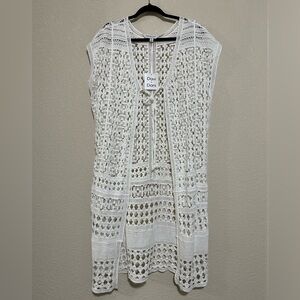 Davi & Dani White Crochet Lace Duster Vest M/L Boho Sleeveless Longline